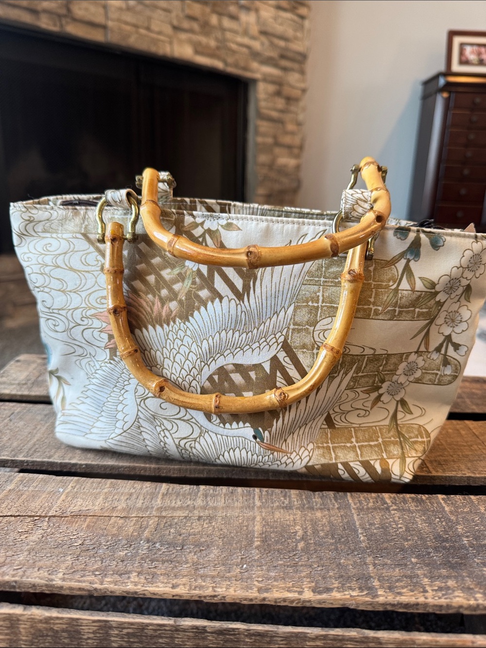 Vintage Canvas Japanese Inspired Print Handbag Top Zipper with Bamboo Handles